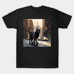 Black Cat walking down a street in the city Sticker T-Shirt